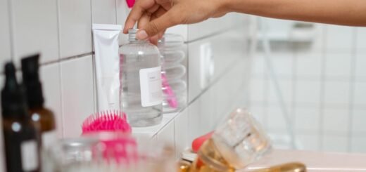 A bathroom with skincare products